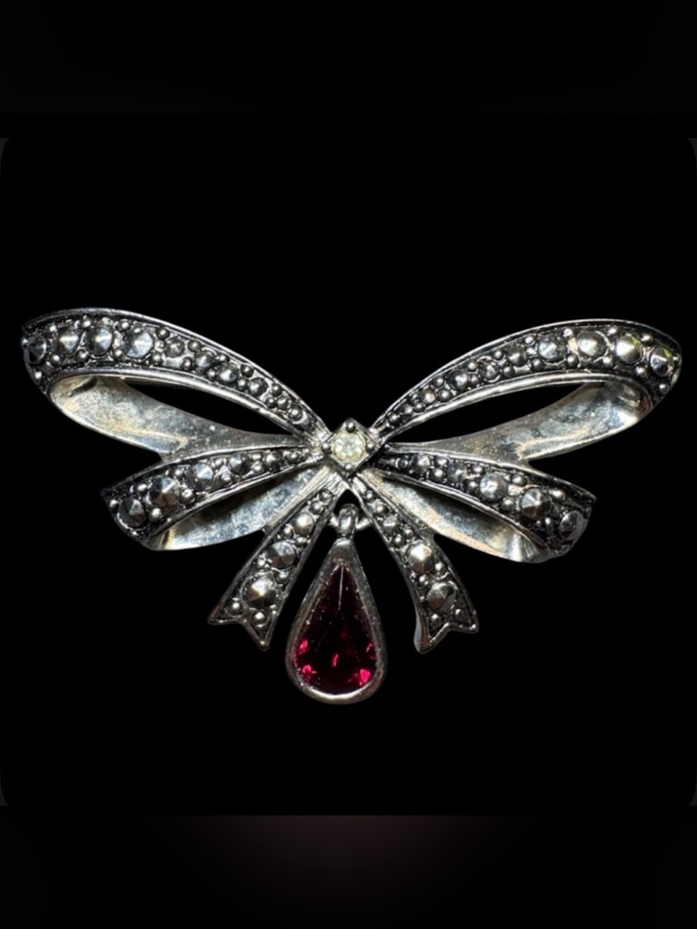 Vintage Signed Avon Marcasite Rhinestone Bow Brooch Red Dangle Silver Tone